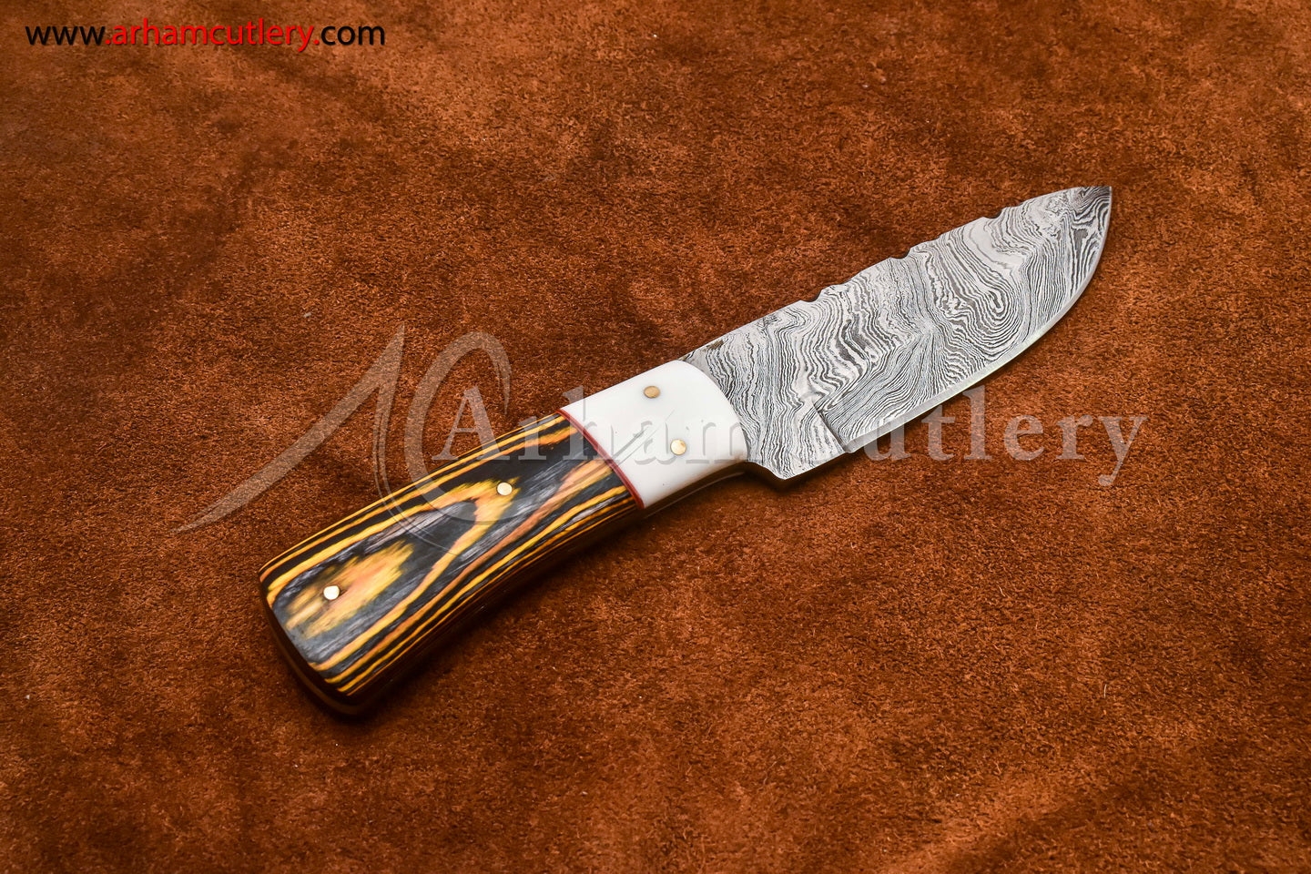 Custom Handmade Damascus Steel Fixed Blade Hunting Skinning Knife With Leather Sheath by Arham Cutlery | A-81 - Arham Cutlery