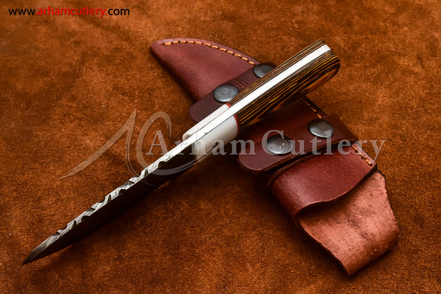 Custom Handmade Damascus Steel Fixed Blade Hunting Skinning Knife With Leather Sheath by Arham Cutlery | A-81 - Arham Cutlery