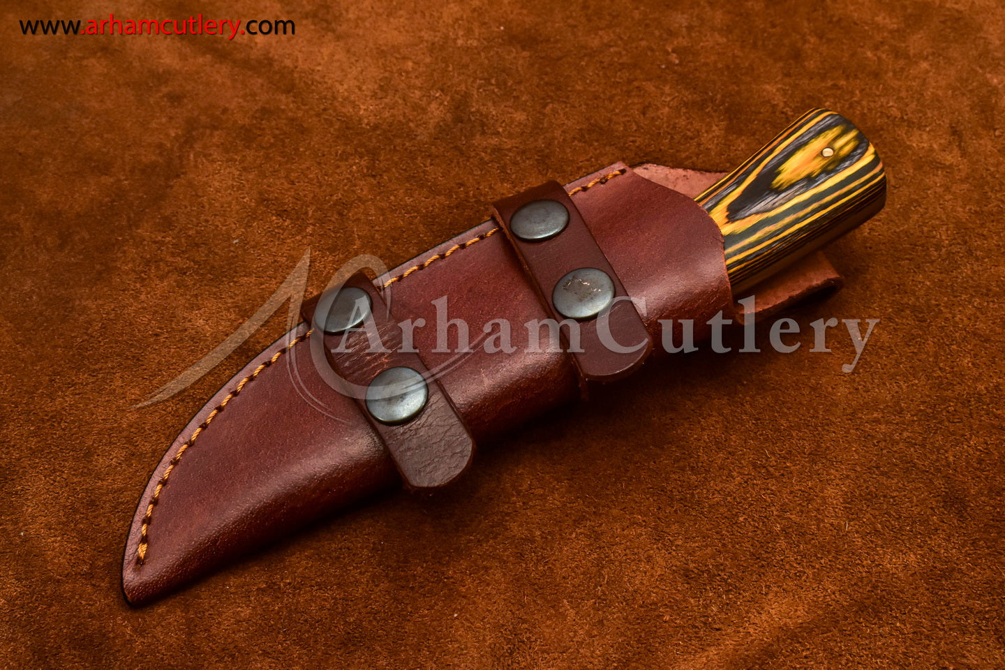 Custom Handmade Damascus Steel Fixed Blade Hunting Skinning Knife With Leather Sheath by Arham Cutlery | A-81 - Arham Cutlery