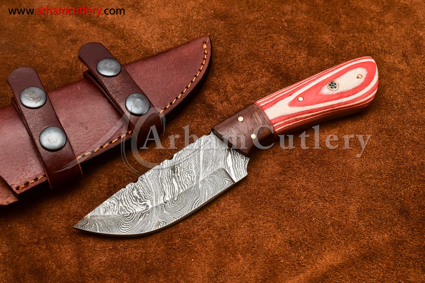 Custom Handmade Damascus Steel Fixed Blade Hunting Skinning Knife With Leather Sheath by Arham Cutlery | A-82 - Arham Cutlery