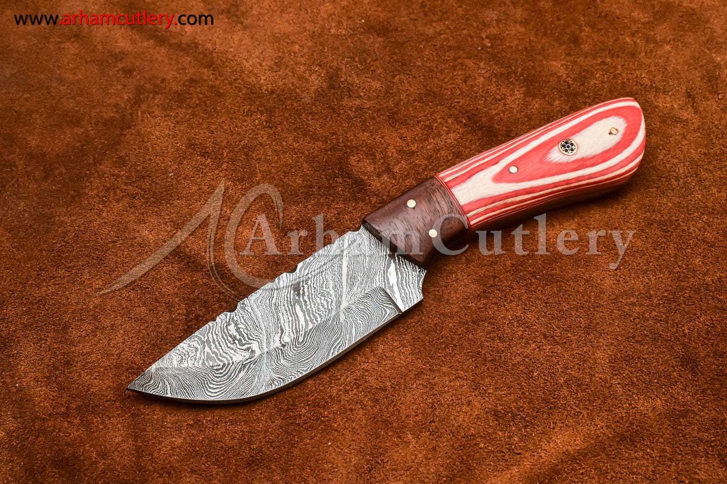 Custom Handmade Damascus Steel Fixed Blade Hunting Skinning Knife With Leather Sheath by Arham Cutlery | A-82 - Arham Cutlery