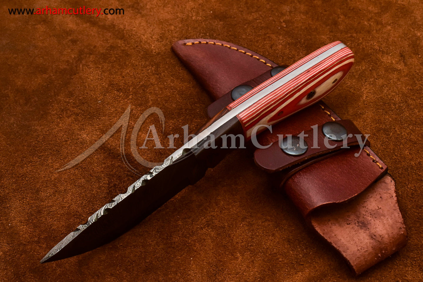 Custom Handmade Damascus Steel Fixed Blade Hunting Skinning Knife With Leather Sheath by Arham Cutlery | A-82 - Arham Cutlery
