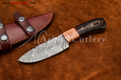 Custom Handmade Damascus Steel Fixed Blade Hunting Skinning Knife With Leather Sheath by Arham Cutlery | A-78 - Arham Cutlery