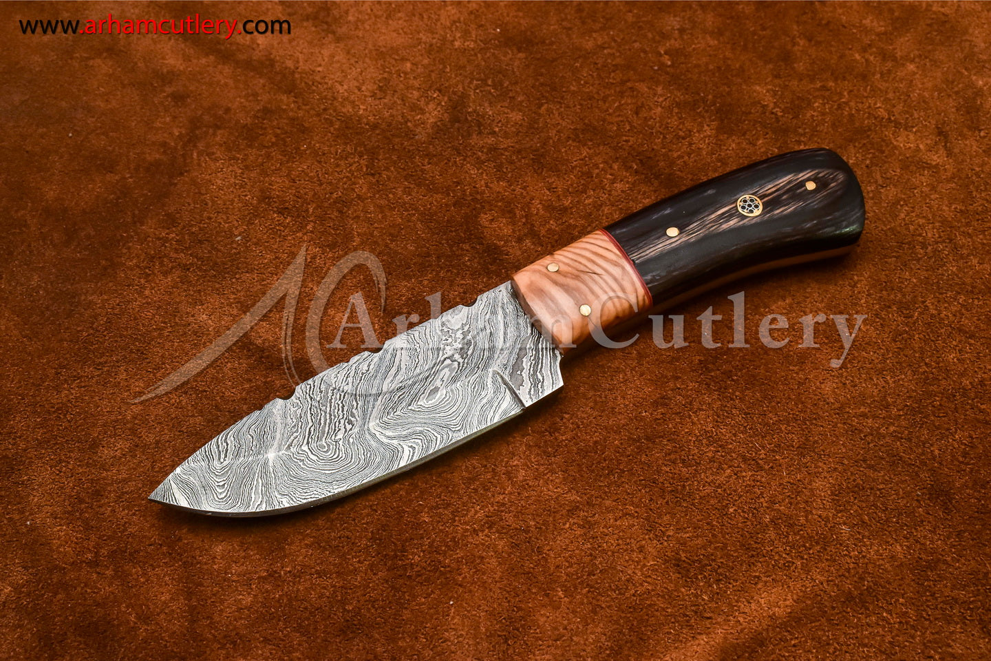 Custom Handmade Damascus Steel Fixed Blade Hunting Skinning Knife With Leather Sheath by Arham Cutlery | A-78 - Arham Cutlery