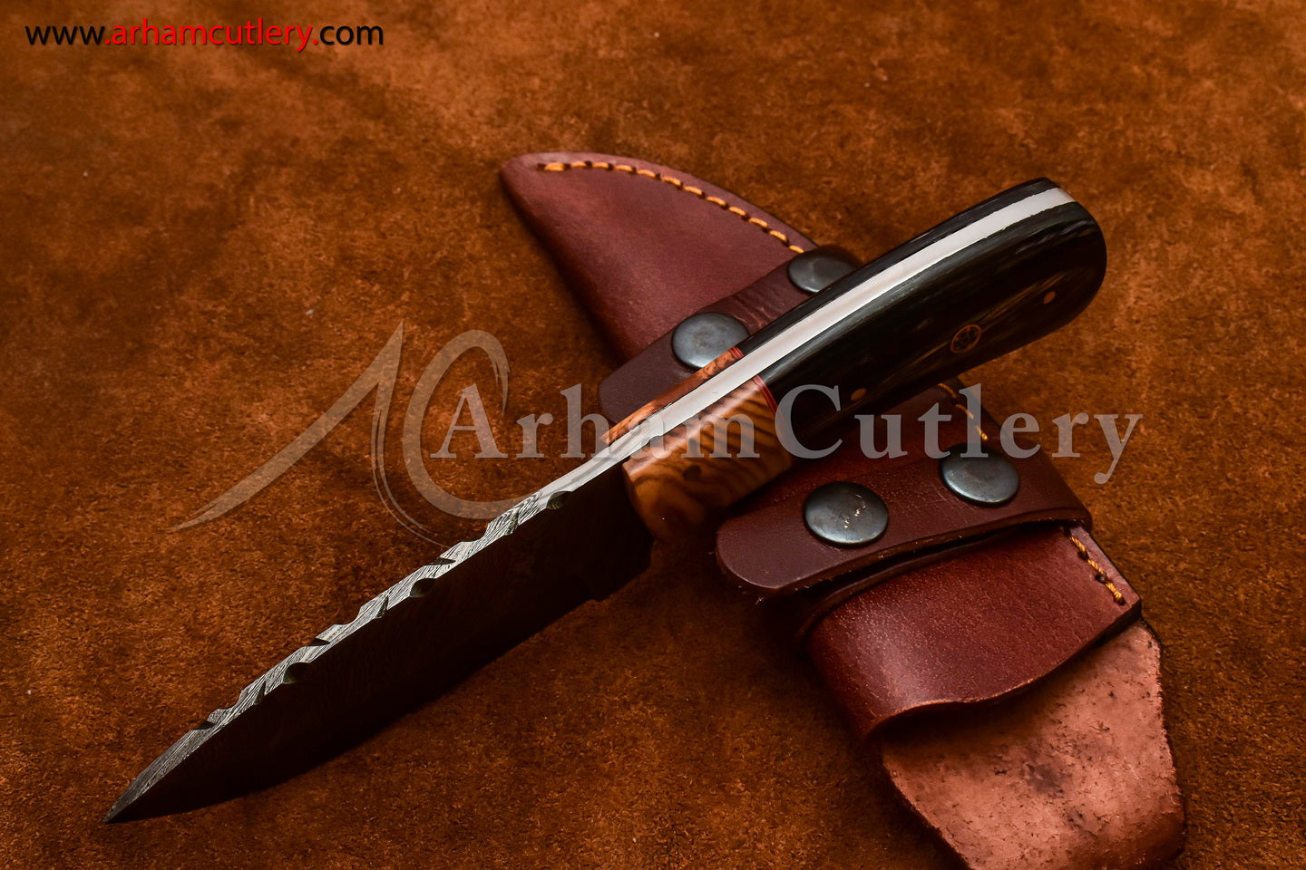 Custom Handmade Damascus Steel Fixed Blade Hunting Skinning Knife With Leather Sheath by Arham Cutlery | A-78 - Arham Cutlery