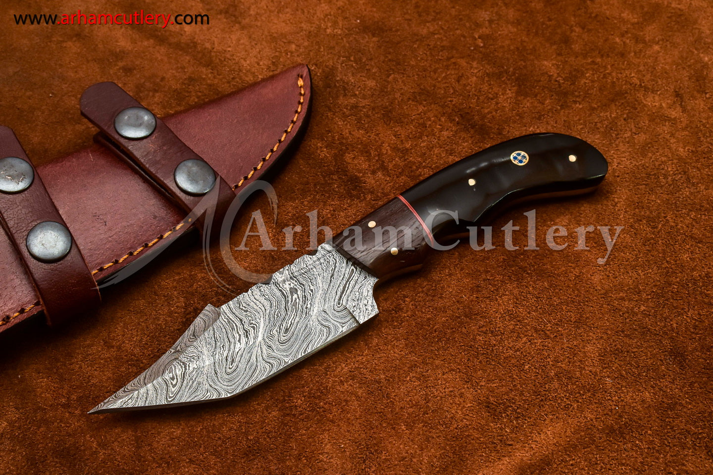 Custom Handmade Damascus Steel Fixed Blade Hunting Skinning Knife With Leather Sheath by Arham Cutlery | A-76 - Arham Cutlery