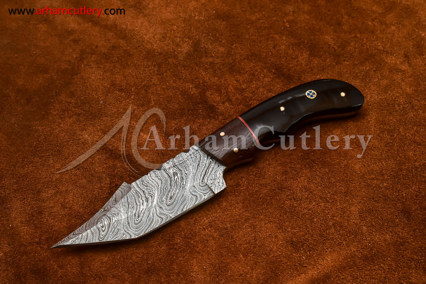 Custom Handmade Damascus Steel Fixed Blade Hunting Skinning Knife With Leather Sheath by Arham Cutlery | A-76 - Arham Cutlery