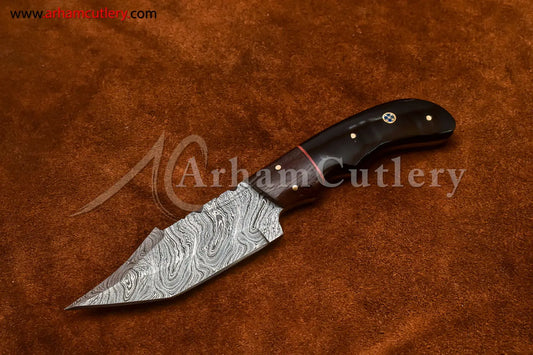 Custom Handmade Damascus Steel Fixed Blade Hunting Skinning Knife With Leather Sheath by Arham Cutlery | A-76 - Arham Cutlery