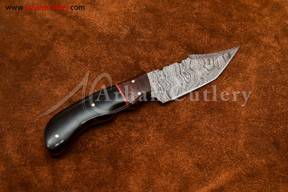 Custom Handmade Damascus Steel Fixed Blade Hunting Skinning Knife With Leather Sheath by Arham Cutlery | A-76 - Arham Cutlery
