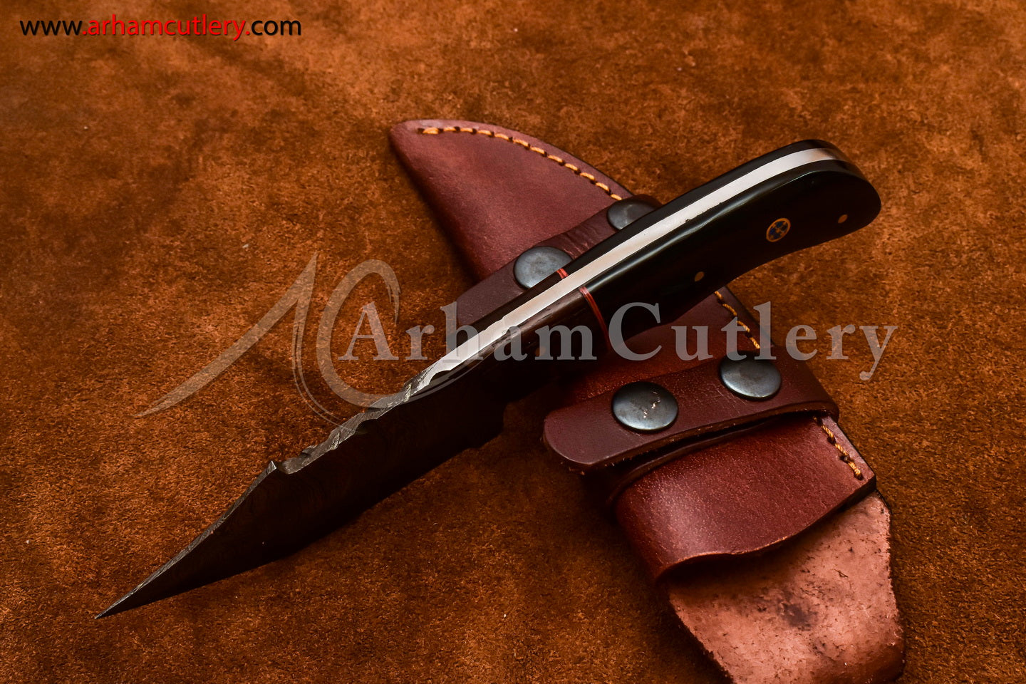 Custom Handmade Damascus Steel Fixed Blade Hunting Skinning Knife With Leather Sheath by Arham Cutlery | A-76 - Arham Cutlery