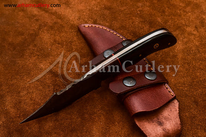 Custom Handmade Damascus Steel Fixed Blade Hunting Skinning Knife With Leather Sheath by Arham Cutlery | A-76 - Arham Cutlery