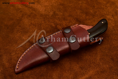 Custom Handmade Damascus Steel Fixed Blade Hunting Skinning Knife With Leather Sheath by Arham Cutlery | A-76 - Arham Cutlery
