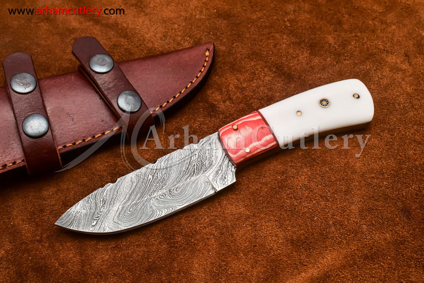 Custom Handmade Damascus Steel Fixed Blade Hunting Skinning Knife With Leather Sheath by Arham Cutlery | A-74 - Arham Cutlery