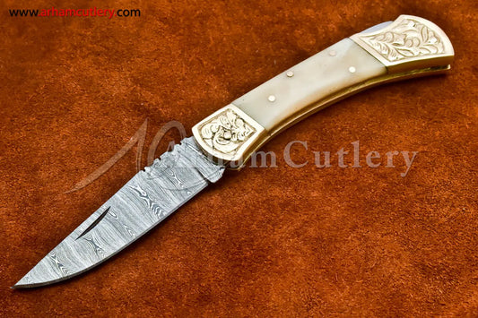 Custom Handmade Damascus Steel Blade, Back Lock, Folding Knife by Arham Cutlery | A-31 - Arham Cutlery