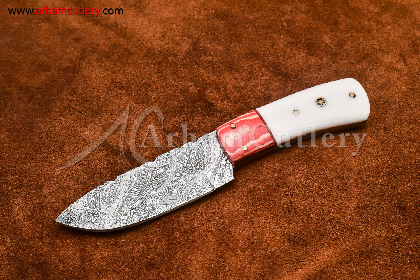 Custom Handmade Damascus Steel Fixed Blade Hunting Skinning Knife With Leather Sheath by Arham Cutlery | A-74 - Arham Cutlery