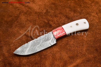 Custom Handmade Damascus Steel Fixed Blade Hunting Skinning Knife With Leather Sheath by Arham Cutlery | A-74 - Arham Cutlery