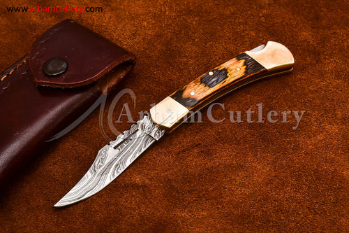 Custom Handmade Damascus Steel Blade, Back Lock, Folding Knife by Arham Cutlery | A-53 - Arham Cutlery