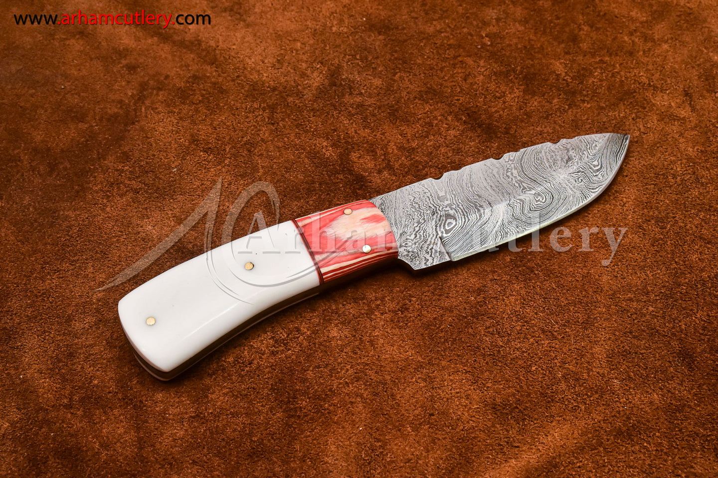 Custom Handmade Damascus Steel Fixed Blade Hunting Skinning Knife With Leather Sheath by Arham Cutlery | A-74 - Arham Cutlery