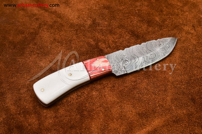 Custom Handmade Damascus Steel Fixed Blade Hunting Skinning Knife With Leather Sheath by Arham Cutlery | A-74 - Arham Cutlery