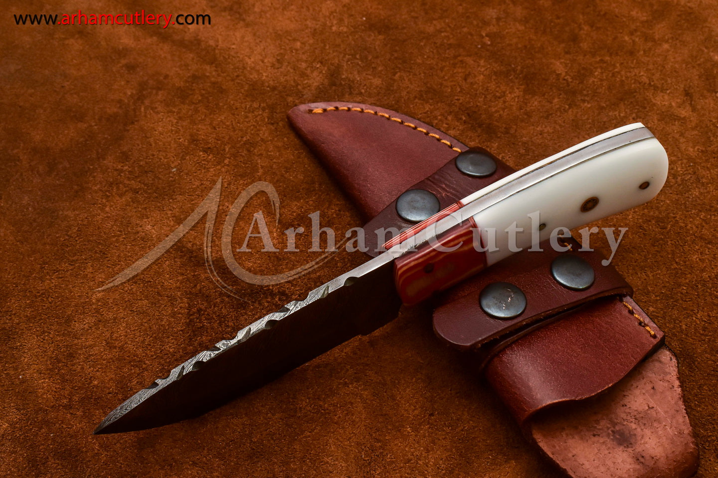Custom Handmade Damascus Steel Fixed Blade Hunting Skinning Knife With Leather Sheath by Arham Cutlery | A-74 - Arham Cutlery
