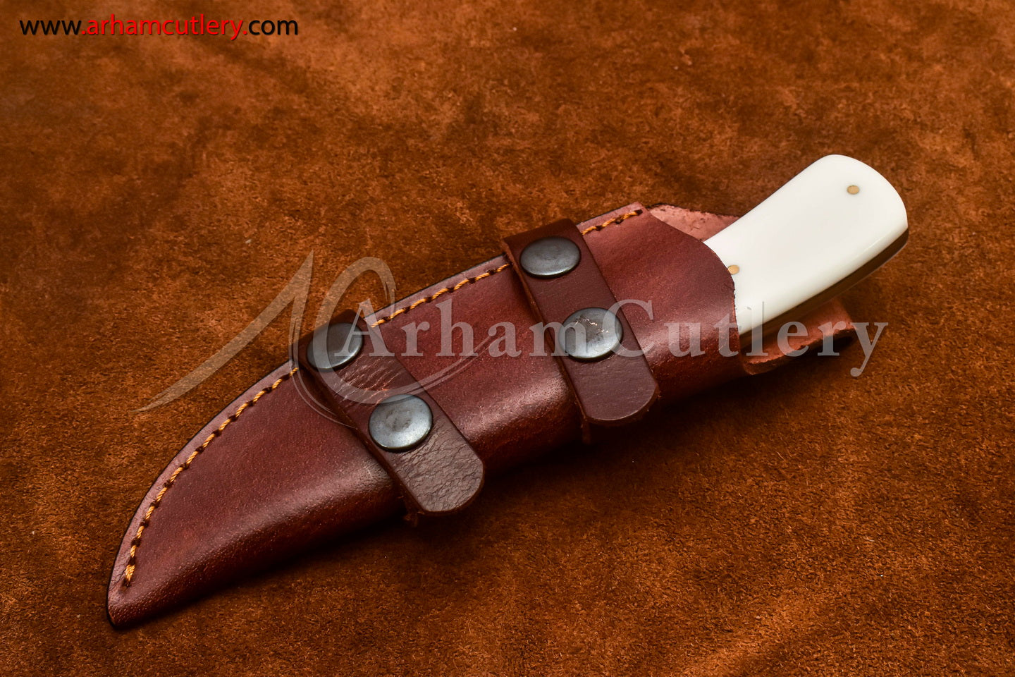 Custom Handmade Damascus Steel Fixed Blade Hunting Skinning Knife With Leather Sheath by Arham Cutlery | A-74 - Arham Cutlery