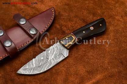 Custom Handmade Damascus Steel Fixed Blade Hunting Skinning Knife With Leather Sheath by Arham Cutlery | A-72 - Arham Cutlery