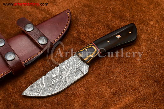 Custom Handmade Damascus Steel Fixed Blade Hunting Skinning Knife With Leather Sheath by Arham Cutlery | A-72 - Arham Cutlery
