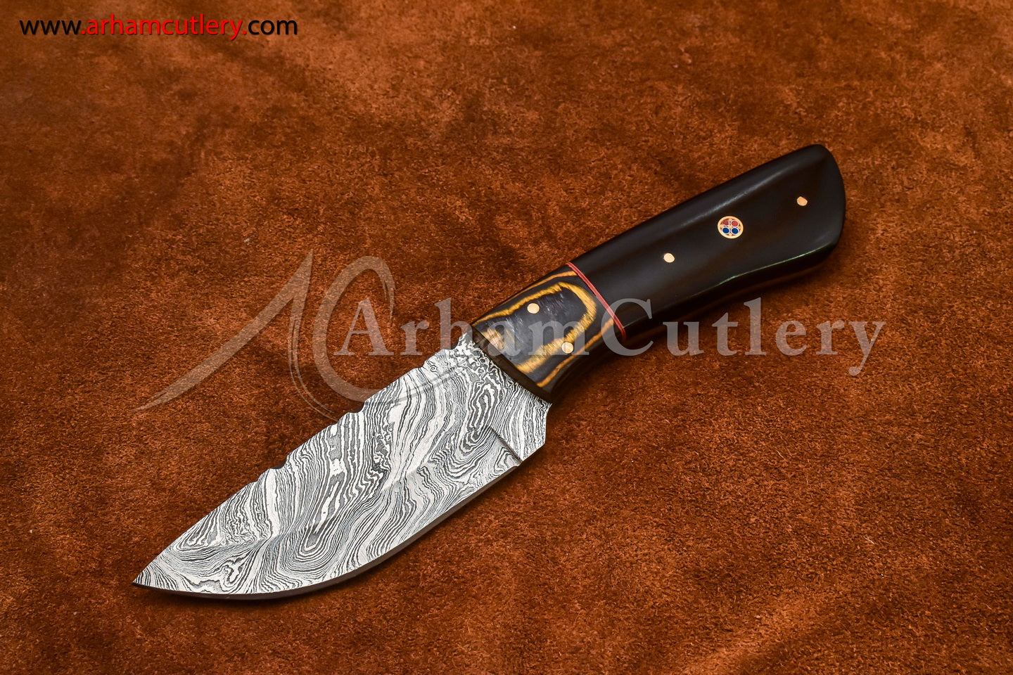 Custom Handmade Damascus Steel Fixed Blade Hunting Skinning Knife With Leather Sheath by Arham Cutlery | A-72 - Arham Cutlery