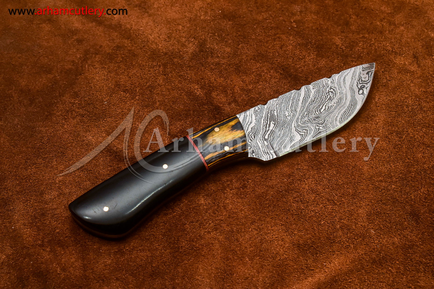 Custom Handmade Damascus Steel Fixed Blade Hunting Skinning Knife With Leather Sheath by Arham Cutlery | A-72 - Arham Cutlery