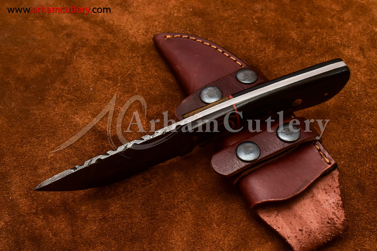 Custom Handmade Damascus Steel Fixed Blade Hunting Skinning Knife With Leather Sheath by Arham Cutlery | A-72 - Arham Cutlery