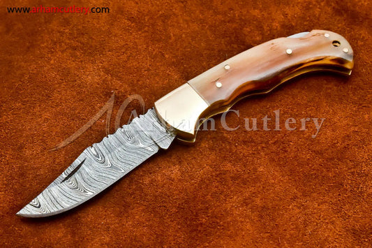 Custom Handmade Damascus Steel Blade, Back Lock, Folding Knife by Arham Cutlery | A-01 - Arham Cutlery