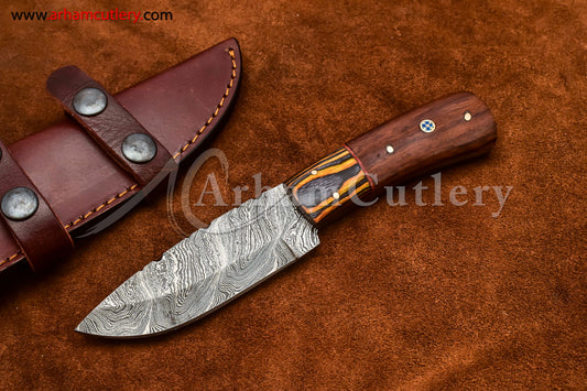 Custom Handmade Damascus Steel Fixed Blade Hunting Skinning Knife With Leather Sheath by Arham Cutlery | A-71 - Arham Cutlery