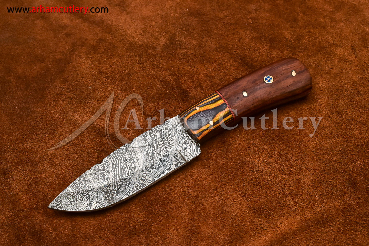 Custom Handmade Damascus Steel Fixed Blade Hunting Skinning Knife With Leather Sheath by Arham Cutlery | A-71 - Arham Cutlery