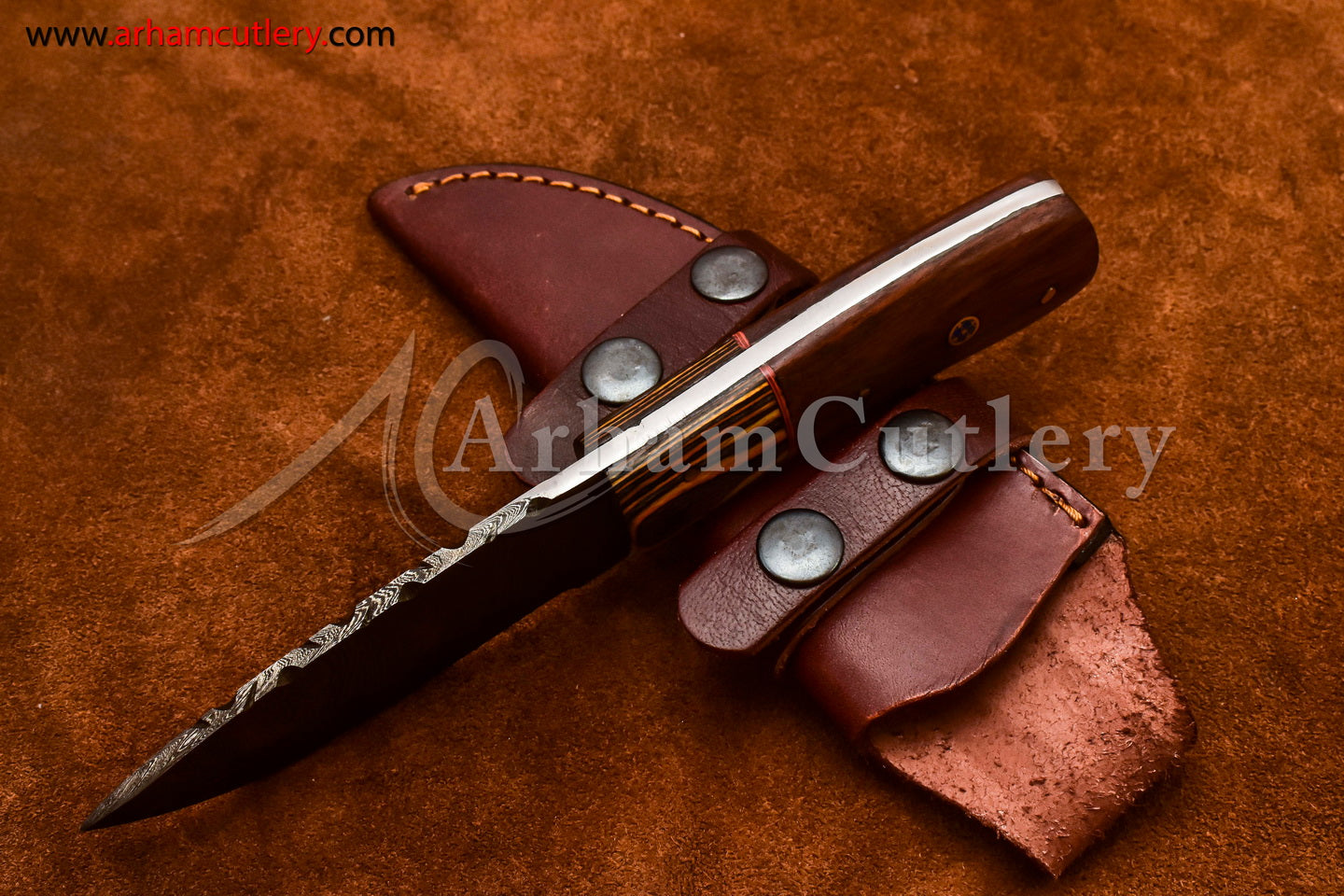 Custom Handmade Damascus Steel Fixed Blade Hunting Skinning Knife With Leather Sheath by Arham Cutlery | A-71 - Arham Cutlery