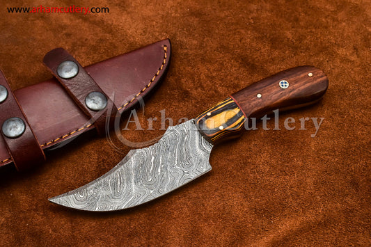 Custom Handmade Damascus Steel Fixed Blade Hunting Skinning Knife With Leather Sheath by Arham Cutlery | A-73 - Arham Cutlery