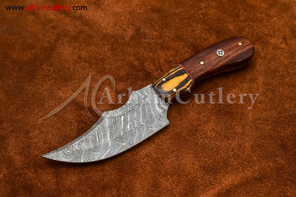 Custom Handmade Damascus Steel Fixed Blade Hunting Skinning Knife With Leather Sheath by Arham Cutlery | A-73 - Arham Cutlery