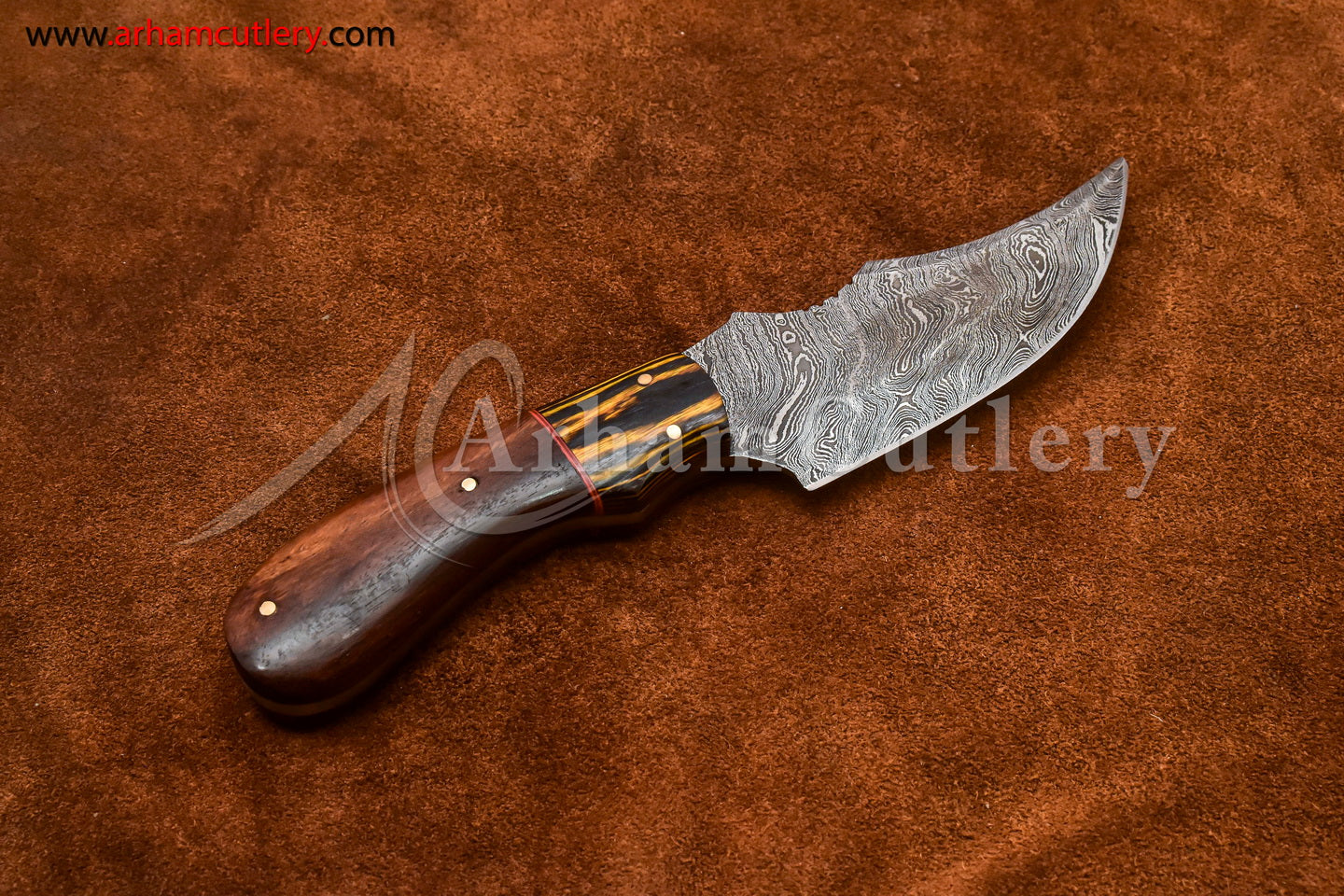 Custom Handmade Damascus Steel Fixed Blade Hunting Skinning Knife With Leather Sheath by Arham Cutlery | A-73 - Arham Cutlery