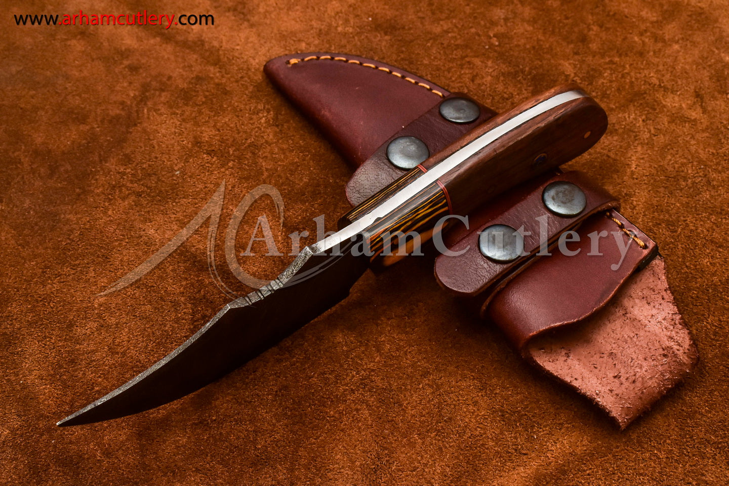 Custom Handmade Damascus Steel Fixed Blade Hunting Skinning Knife With Leather Sheath by Arham Cutlery | A-73 - Arham Cutlery