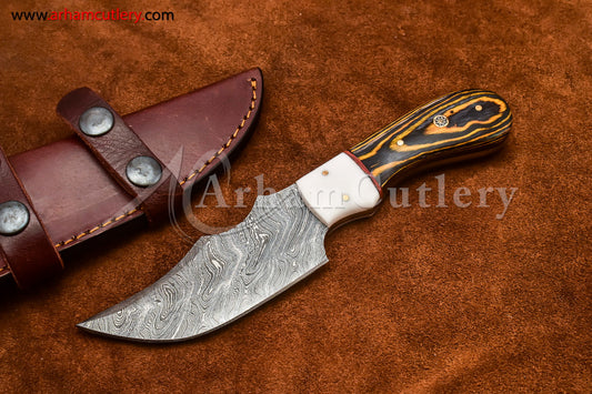 Custom Handmade Damascus Steel Fixed Blade Hunting Skinning Knife With Leather Sheath by Arham Cutlery | A-69 - Arham Cutlery