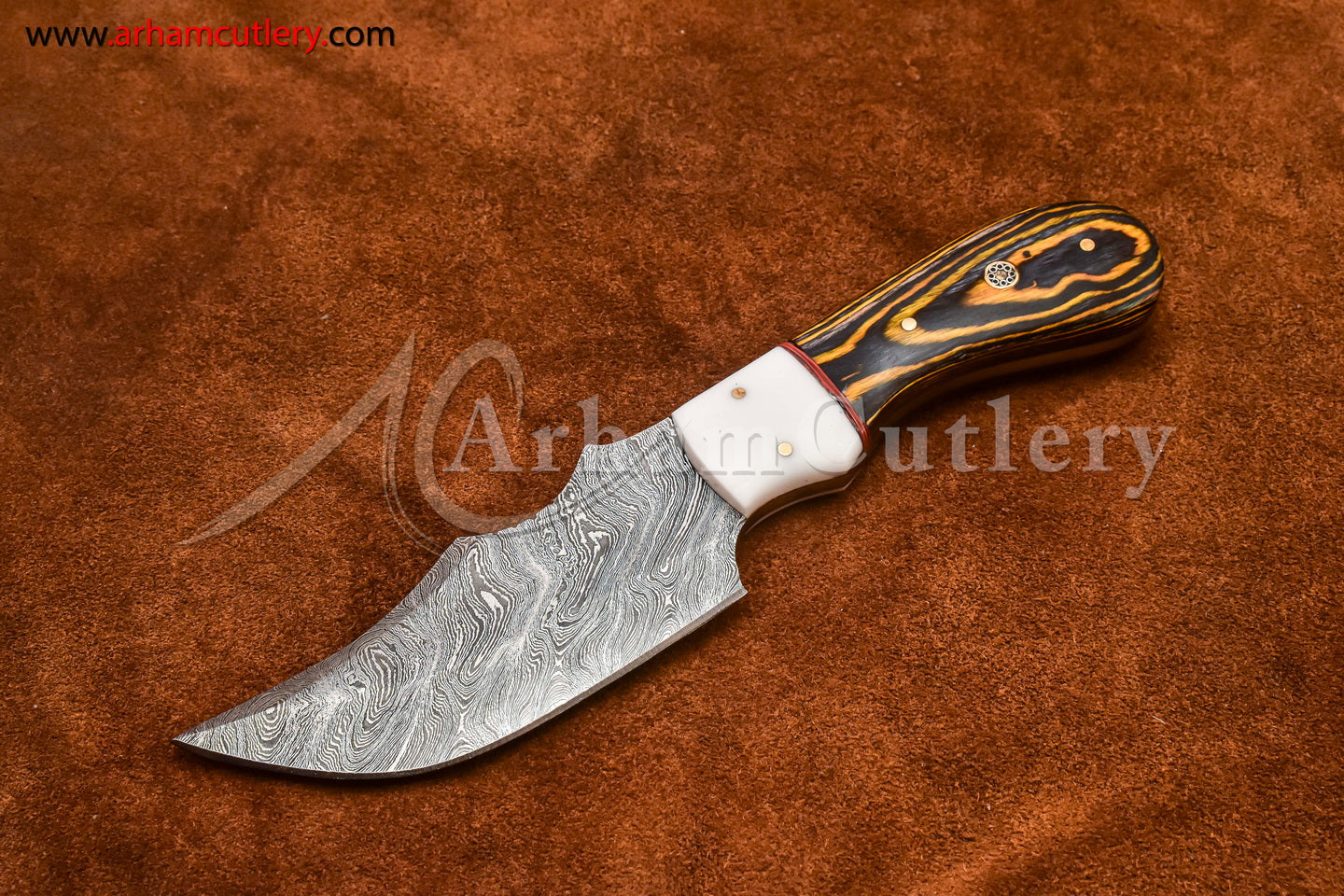 Custom Handmade Damascus Steel Fixed Blade Hunting Skinning Knife With Leather Sheath by Arham Cutlery | A-69 - Arham Cutlery