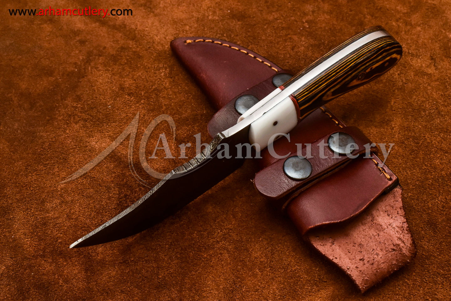 Custom Handmade Damascus Steel Fixed Blade Hunting Skinning Knife With Leather Sheath by Arham Cutlery | A-69 - Arham Cutlery