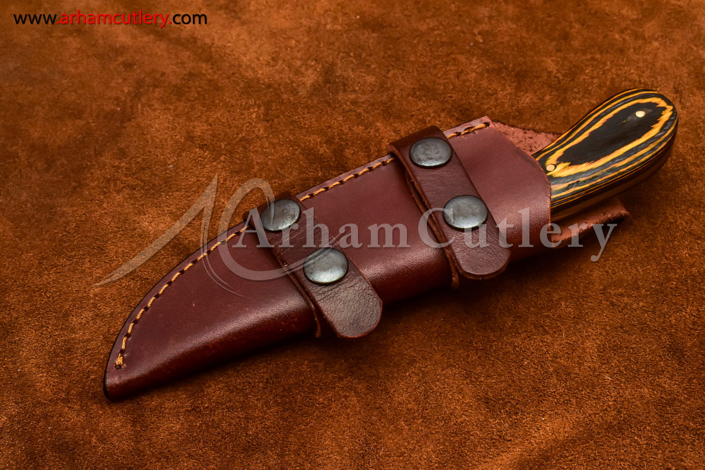 Custom Handmade Damascus Steel Fixed Blade Hunting Skinning Knife With Leather Sheath by Arham Cutlery | A-69 - Arham Cutlery