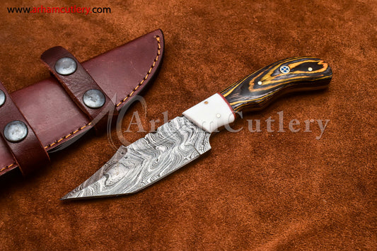 Custom Handmade Damascus Steel Fixed Blade Hunting Skinning Knife With Leather Sheath by Arham Cutlery | A-67 - Arham Cutlery