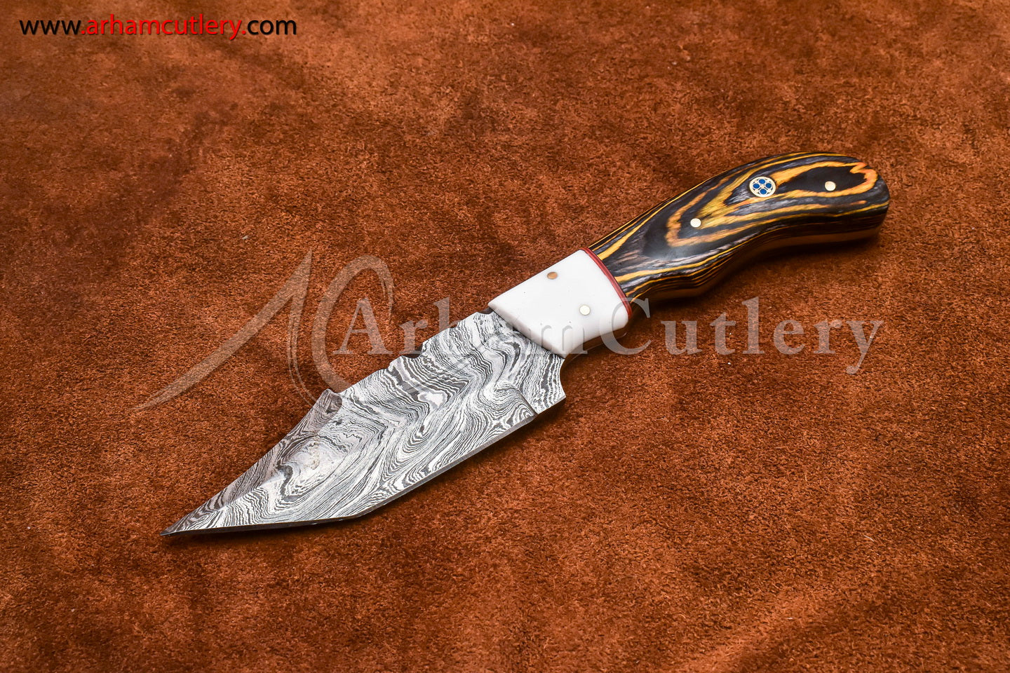 Custom Handmade Damascus Steel Fixed Blade Hunting Skinning Knife With Leather Sheath by Arham Cutlery | A-67 - Arham Cutlery