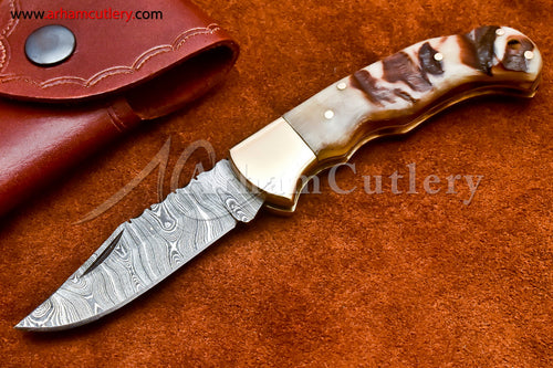 Custom Handmade Damascus Steel Blade, Back Lock, Folding Knife by Arham Cutlery | A-47 - Arham Cutlery