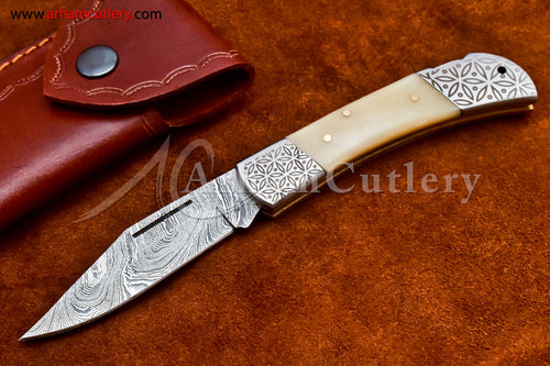 Custom Handmade Damascus Steel Blade, Back Lock, Folding Knife by Arham Cutlery | A-30 - Arham Cutlery
