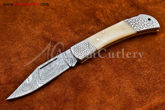 Custom Handmade Damascus Steel Blade, Back Lock, Folding Knife by Arham Cutlery | A-30 - Arham Cutlery