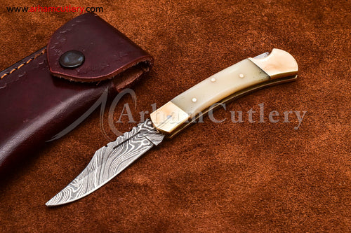 Custom Handmade Damascus Steel Blade, Back Lock, Folding Knife by Arham Cutlery | A-65 - Arham Cutlery