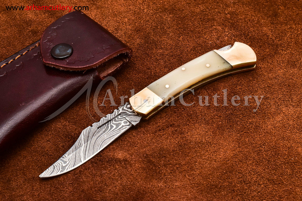 Custom Handmade Damascus Steel Blade, Back Lock, Folding Knife by Arham Cutlery | A-65 - Arham Cutlery