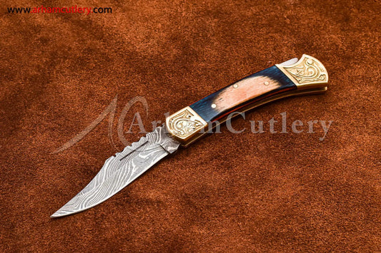 Custom Handmade Damascus Steel Blade, Back Lock, Folding Knife by Arham Cutlery | A-59 - Arham Cutlery